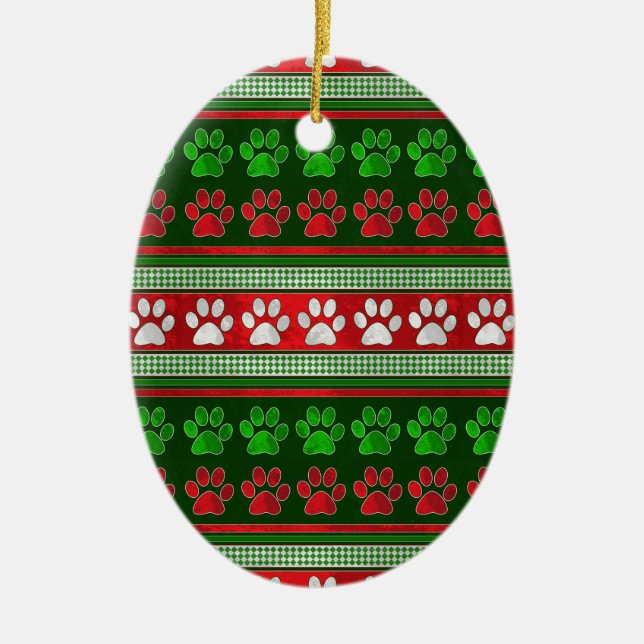 Red green paw print pattern oval ornament (Front)
