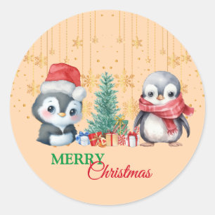Red Green Penguin Santa Merry Christmas Party Classic Round Sticker