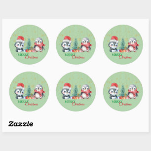 Red Green Penguin Santa Merry Christmas Party Classic Round Sticker