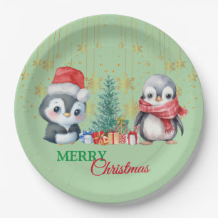 Red Green Penguin Santa Merry Christmas Party Paper Plate