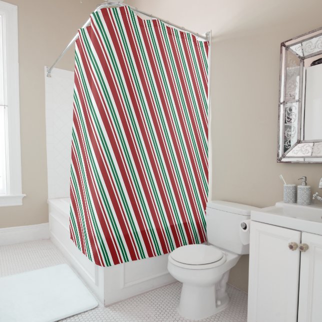 Red & Green Peppermint Stripe Shower Curtain (In Situ)
