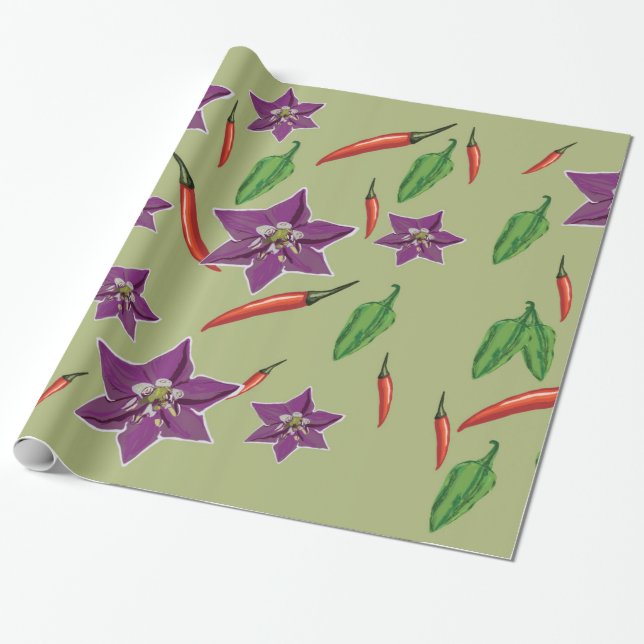 Red , Green Peppers, Chilli Peppers, Purple Blosso Wrapping Paper (Unrolled)