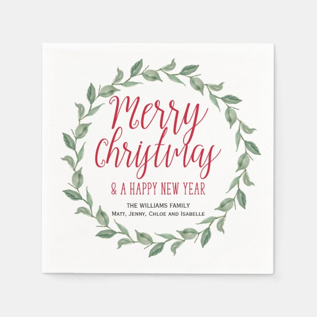 Red Green Personalised Merry Christmas Wreath Napkin (Front)