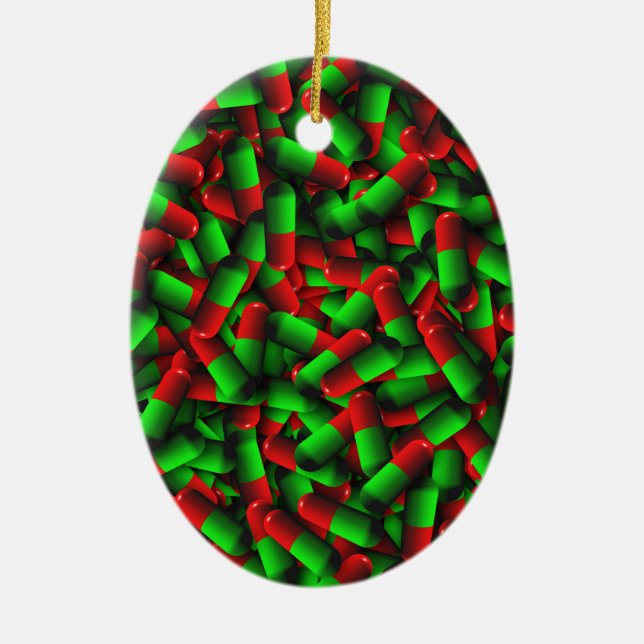 red green pills drugs ceramic tree decoration (Front)