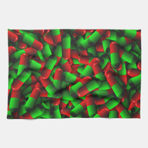 red green pills drugs tea towel