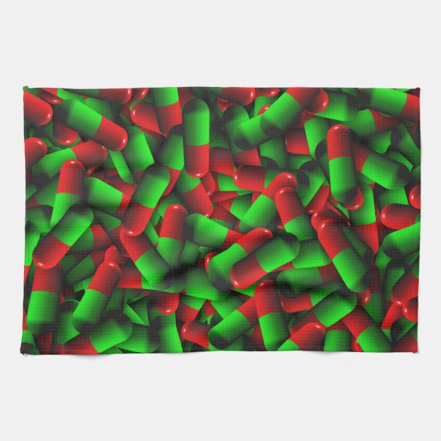 red green pills drugs tea towel (Horizontal)