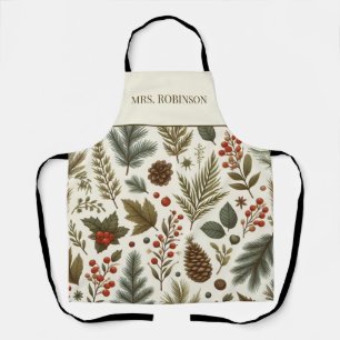 Red Green Pine and Berries Holiday Boho Watercolor Apron