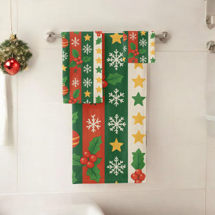 Red Green Pine and Berry Stripes Holiday Boho  Bath Towel Set