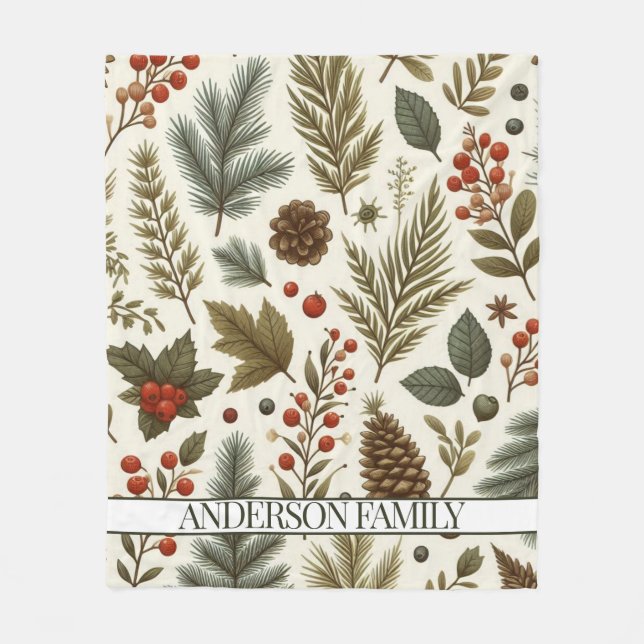 Red Green Pine and Berry Watercolor Holiday Fleece Blanket (Front)