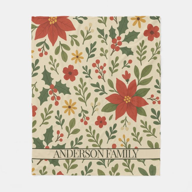 Red Green Pine and Berry Watercolor Holiday Fleece Blanket (Front)