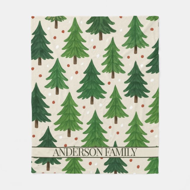 Red Green Pine Trees Watercolor Holiday Fleece Blanket (Front)