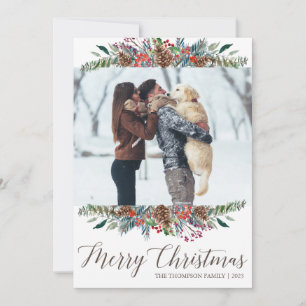 Red Green Pinecone Floral Photo Christmas Cards