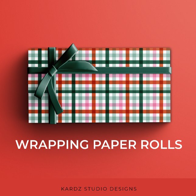 Red Green Pink Christmas Gingham Wrapping Paper (Modern Gingham Christmas gift-wrapping roll, with pink, red, and green a trendy holiday pattern.)