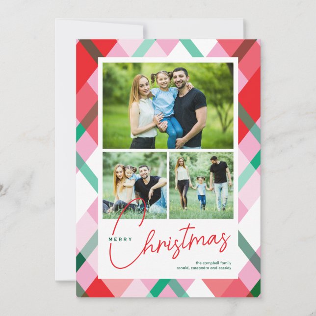 Red Green Pink Christmas Plaid 3 Photo Holiday Card (Front)