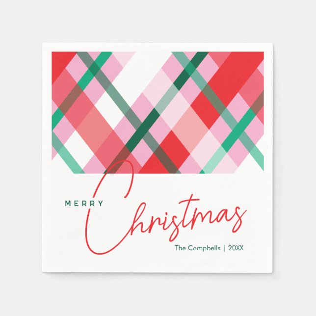 Red Green Pink Christmas Plaid Paper Napkin (Front)