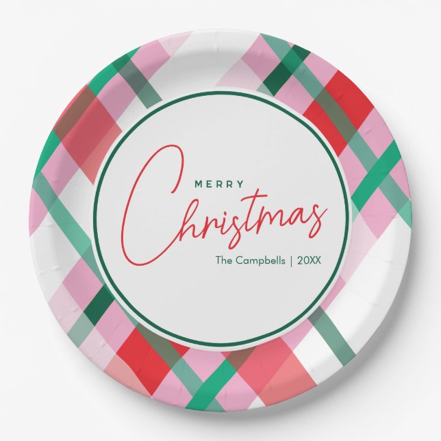 Red Green Pink Christmas Plaid Paper Plate (Front)