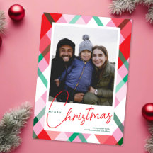 Red Green Pink Christmas Plaid Photo Card