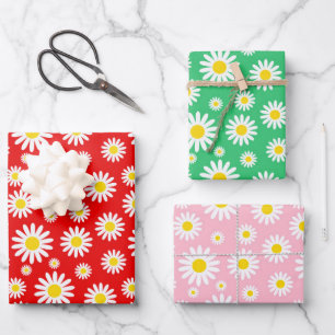 Red, Green & Pink Mixed Summer Daisies Wrapping Paper Sheet