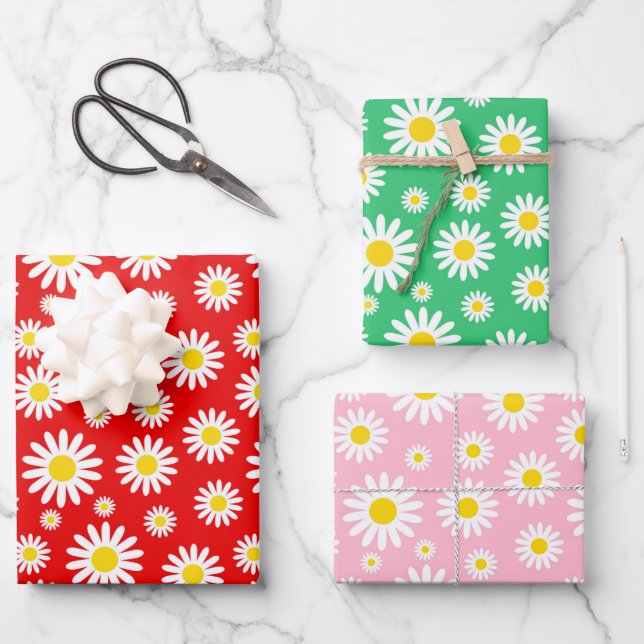 Red, Green & Pink Mixed Summer Daisies Wrapping Paper Sheet (Front)