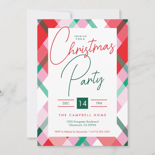 Red Green Pink Plaid Christmas Party Invitation (Front)