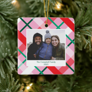 Red Green Pink Plaid Christmas Photo Ornament