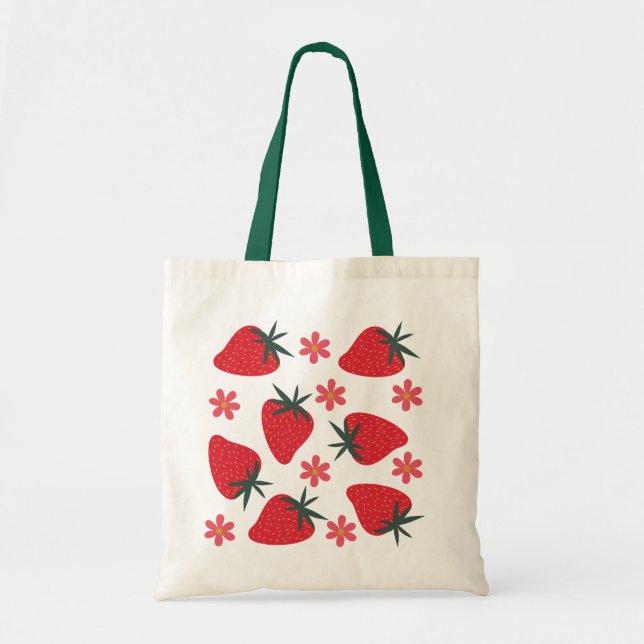 Red Green Pink Simple Strawberries Tote Bag (Front)