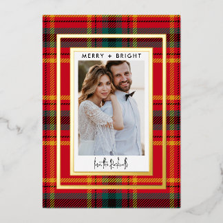 Red + Green Plaid 1 Photo Christmas Real Foil Holiday Card