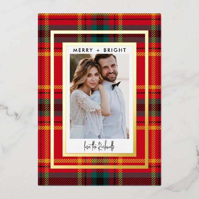 Red + Green Plaid 1 Photo Christmas Real Foil Holiday Card (Front)