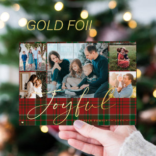 Red green plaid 5 photo collage Joyful Christmas Foil Holiday Card