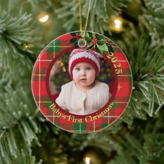 Red Green Plaid | Baby's First Christmas Photo Ceramic Tree Decoration