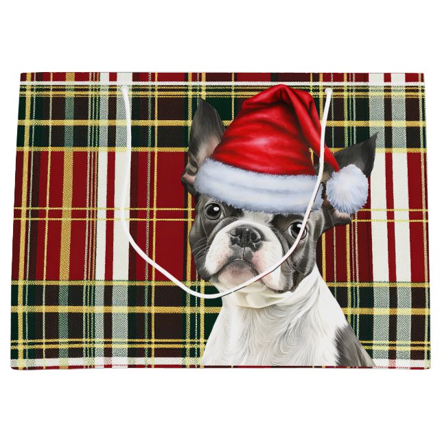 Red Green Plaid Boston Terrier Dog Lover Holiday Large Gift Bag (Front)