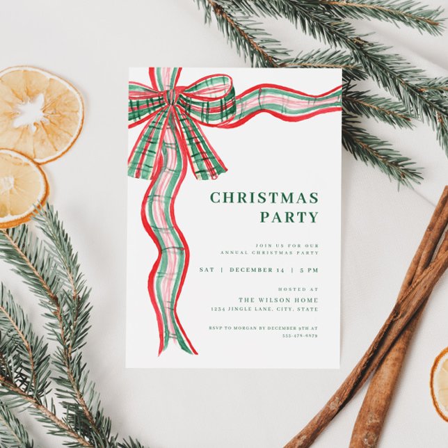 Red Green Plaid Bow Christmas Party Invitation (Creator Uploaded)