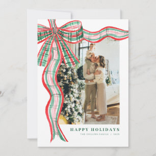 Red & Green Plaid Bow Christmas Photo Holiday Card