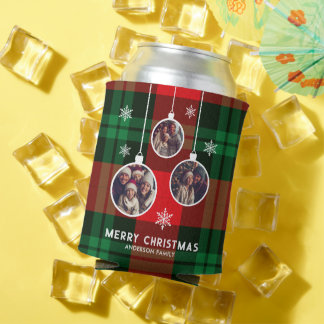 Red Green Plaid Buffalo Check Photo Christmas Can Cooler