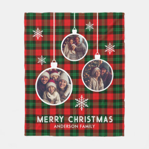 Red Green Plaid Buffalo Check Photo Christmas  Fleece Blanket