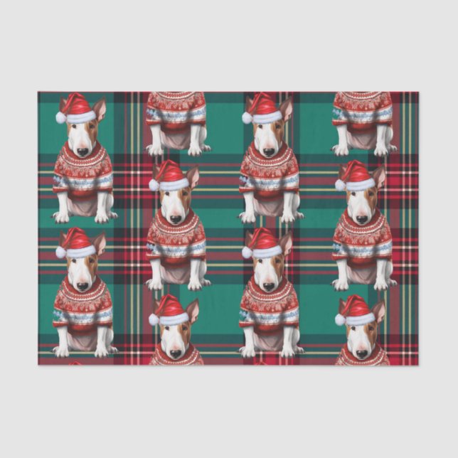 Red Green Plaid Bull Terrier Dog Holiday Tissue Paper (Front)