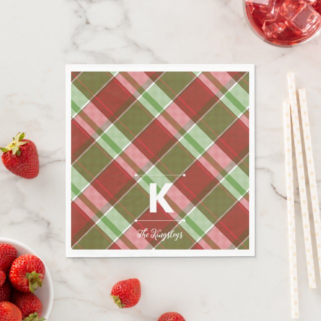 Red Green Plaid Christmas Personalised Monogram Napkin (Insitu)