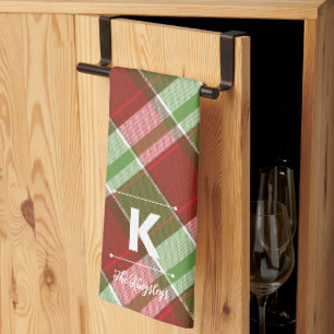 Red Green Plaid Christmas Personalised Monogram Tea Towel