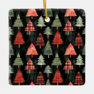 Red & Green Plaid Christmas Trees on Black  Ceramic Ornament