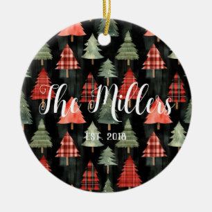 Red & Green Plaid Christmas Trees on Black  Ceramic Tree Decoration