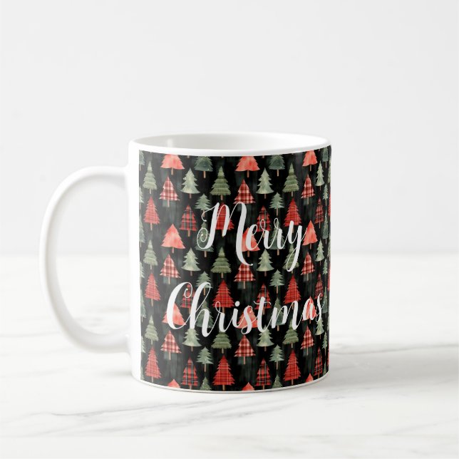 Red & Green Plaid Christmas Trees on Black  Coffee Mug (Left)