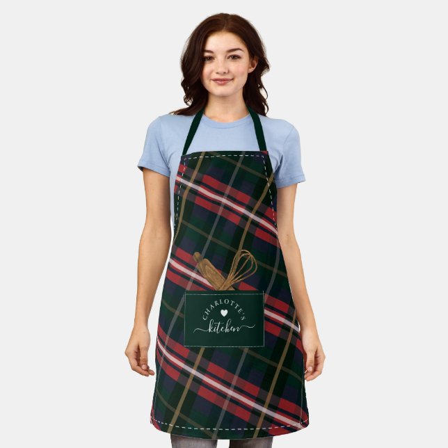 Red Green Plaid Fake Pocket & Wooden Spoon & Whisk Apron (Worn)