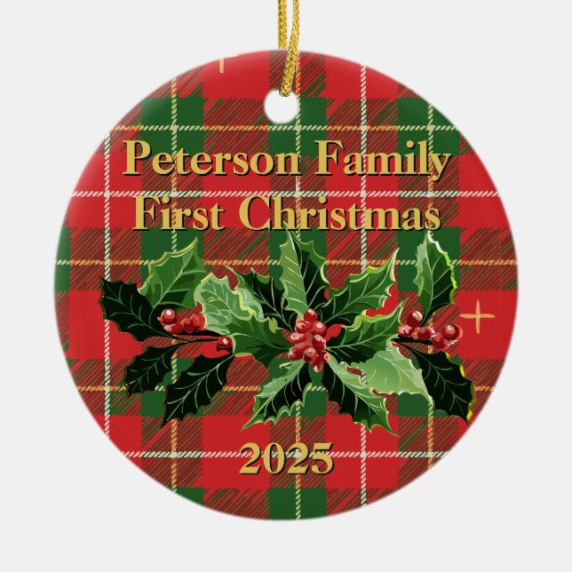 Red Green Plaid | Family First Christmas Photo Ceramic Tree Decoration (Front)