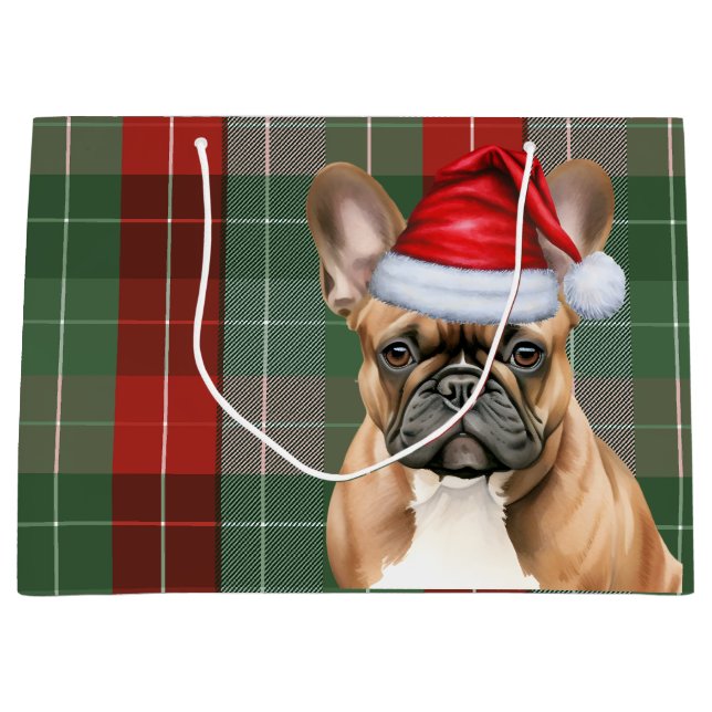 Red Green Plaid Frenchie Dog Lover Holiday Large Gift Bag (Front)