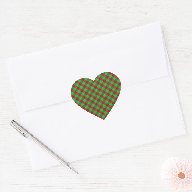 Red & Green Plaid Glitter Heart Sticker (Envelope)