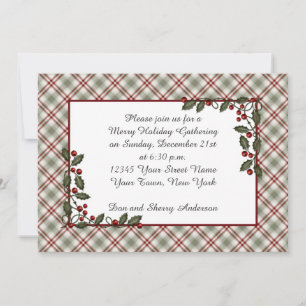 Red Green Plaid Holly Berries Leaves Invitation