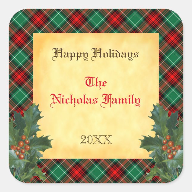 Red Green Plaid Holly Editable Holiday Gift Tag (Front)