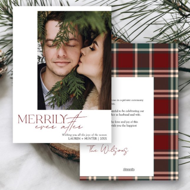 Red & Green Plaid Merrily Ever After Wedding Photo Holiday Card (Creator Uploaded)