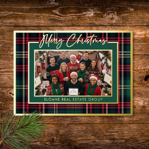 Red Green Plaid Merry Christmas Script Photo Foil Holiday Card