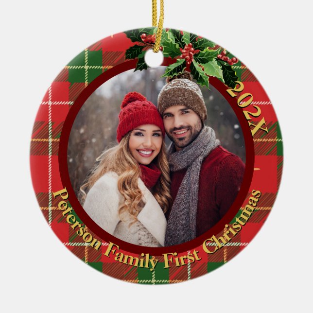 Red Green Plaid | Our First Christmas Photo Ceramic Tree Decoration (Front)